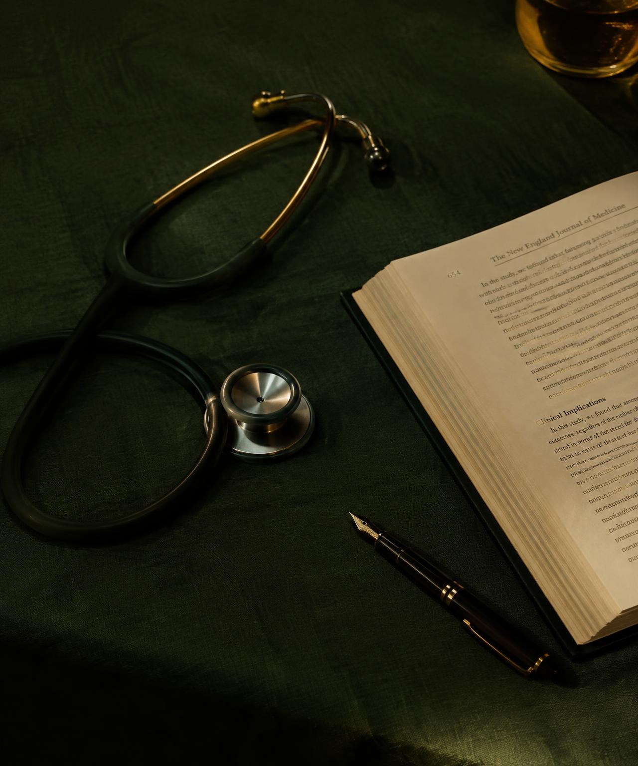 Stethoscope and medical journal on green linen